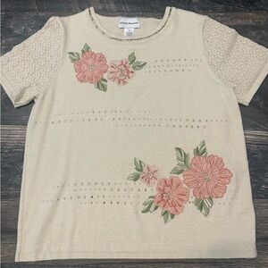 Alfred Dunner Grannycore Tan Knit Top Beaded Detail Embroidered Flowers Medium